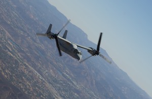 An MV-22B Osprey tiltrotor aircraft takes flight during the Marine Air Ground Task Force demonstration, a portion of the 2014 Marine Corps Air Station Miramar Air Show aboard Marine Corps Air Station Miramar, Calif., Oct. 4.  The MV-22B features the unique ability to shift its propellers horizontally to fly like a plane, and vertically to hover like a helicopter.