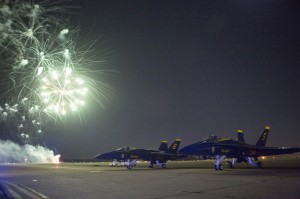 Fireworks are displayed during the Marine Corps Community Services (MCCS) sponsored 2014 Air Show aboard Marine Corps Air Station (MCAS) Miramar, San Diego, Calif., Oct. 4, 2014. The air show showcases civilian performances and the aerial prowess of the armed forces but also, their appreciation of the civilian community’s support and dedication to the troops. (U.S. Marine Corps photo by Lance Cpl. Trever Statz/Released)