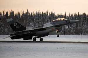 A U.S. Air Force F-16 Fighting Falcon fighter aircraft assigned to the 18th Aggressor Squadron lands at Eielson Air Force Base, Alaska, Oct. 6, 2014, during RED FLAG-Alaska 15-1. RF-A is a series of Pacific Air Forces commander-directed field training exercises for U.S. and partner nation forces, providing combined offensive counter-air, interdiction, close air support and large force employment training in a simulated combat environment. (U.S. Air Force photo by Tech. Sgt. Joseph Swafford Jr./Released)