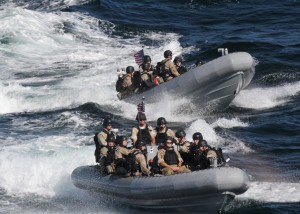 Members of the visit, board, search and seizure team assigned to the guided-missile destroyer USS Oscar Austin (DDG 79) practice approaches in rigid-hull inflatable boats. Oscar Austin is underway conducting composite training unit exercise. (U.S. Navy photo by Intelligence Specialist 1st Class Octavius Parks/Released)