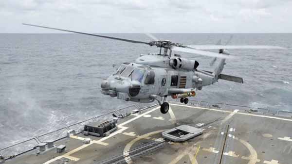 A Sikorsky MH-60R Seahawk takes off from the Arleigh Burke-class Aegis destroyer USS Wayne E Meyer 