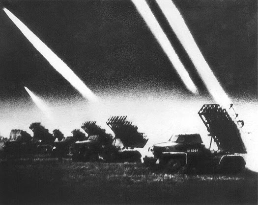 BM-31 Katyusha rocket launchers in combat, 1944-1945 This photograph shows the massive amount of smoke, produced when a battery of Katyushas launched their rockets at once 