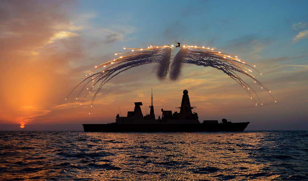 HMS Dragon's Lynx Helicopter Firing Flares