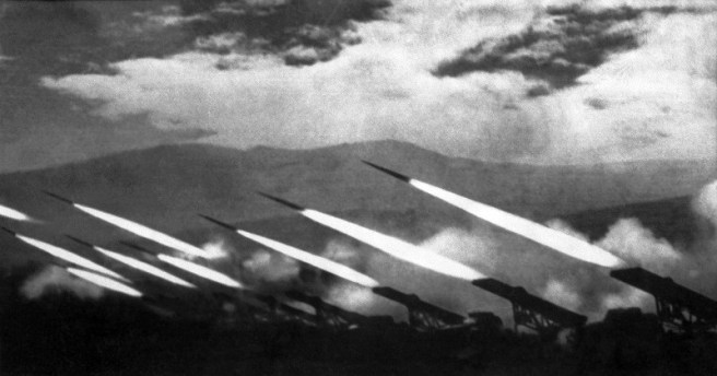 M-13 rocket launchers in action on the outskirts of Berlin. Their firepower, combined with the noise and smoke they produced, induced panic among the German defenders.