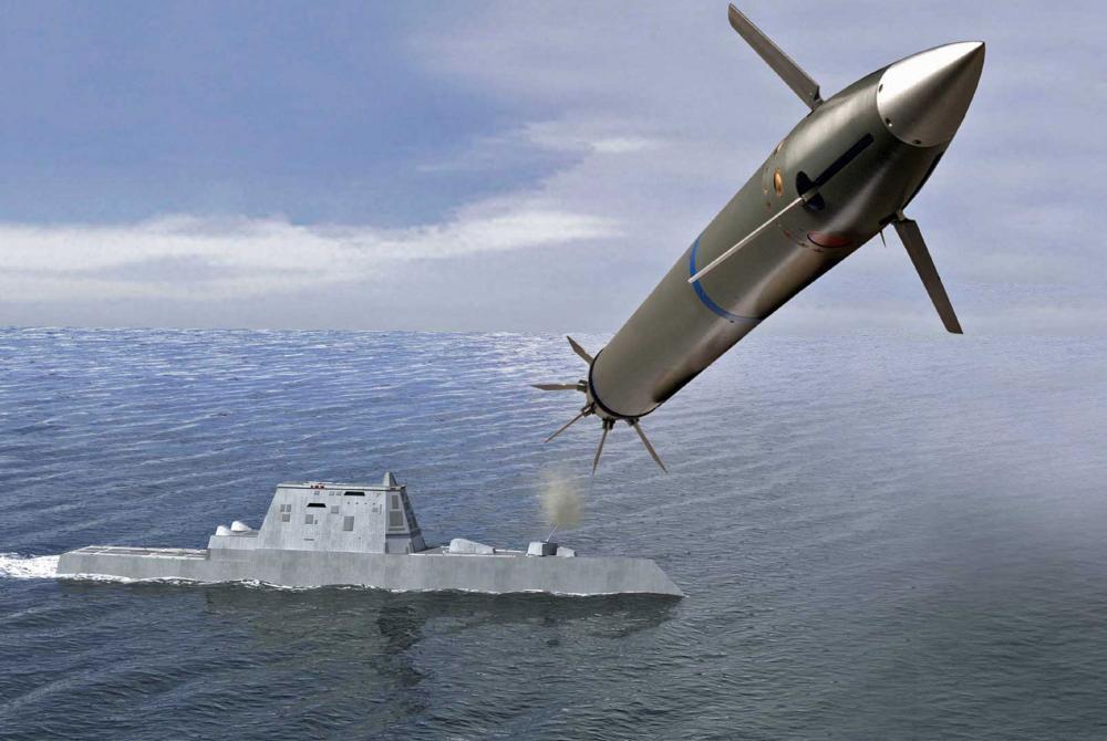 Illustration of the Zumwalt class firing a 155 mm shell