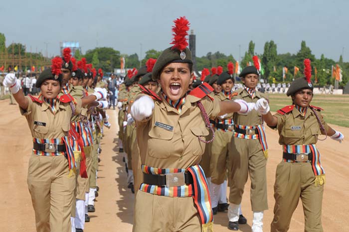  Female National Cadet Corps Commander N.M.R. Sanjana leads a march past during a full dress rehearsal for Independence Day celebrations in Secunderabad, the twin city of Hyderabad, on August 13, 2012