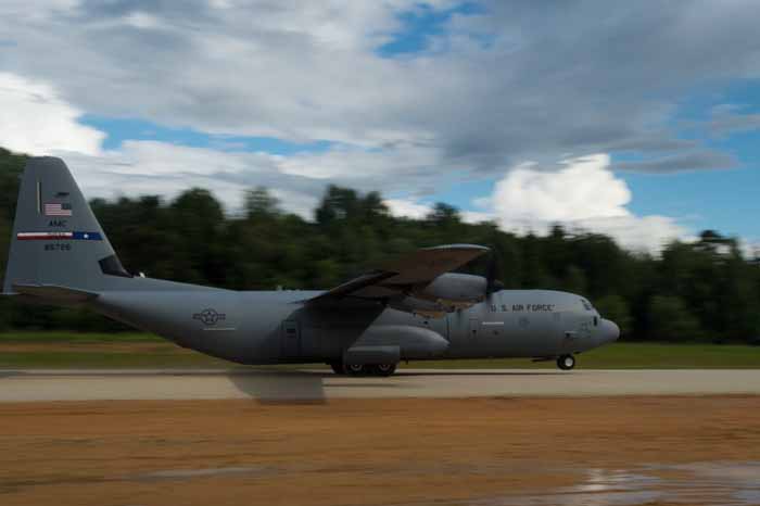  A C-130J Super Hercules aircraft from Dyess Air Force Base, Texas, takes off within several hours worth of notice for Germany.