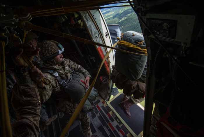 British paratroopers conduct a static line jump.