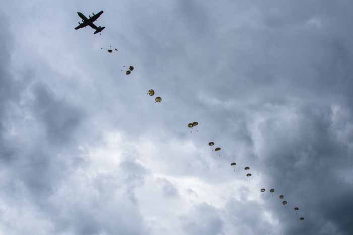  Dutch Army paratroopers jump into Bunker Drop Zone at Grafenwoehr, Germany.