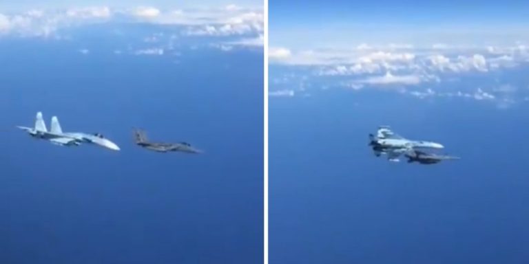 Rekaman Aksi Berbahaya Saat Su-27 Rusia Intersep F-15 Amerika